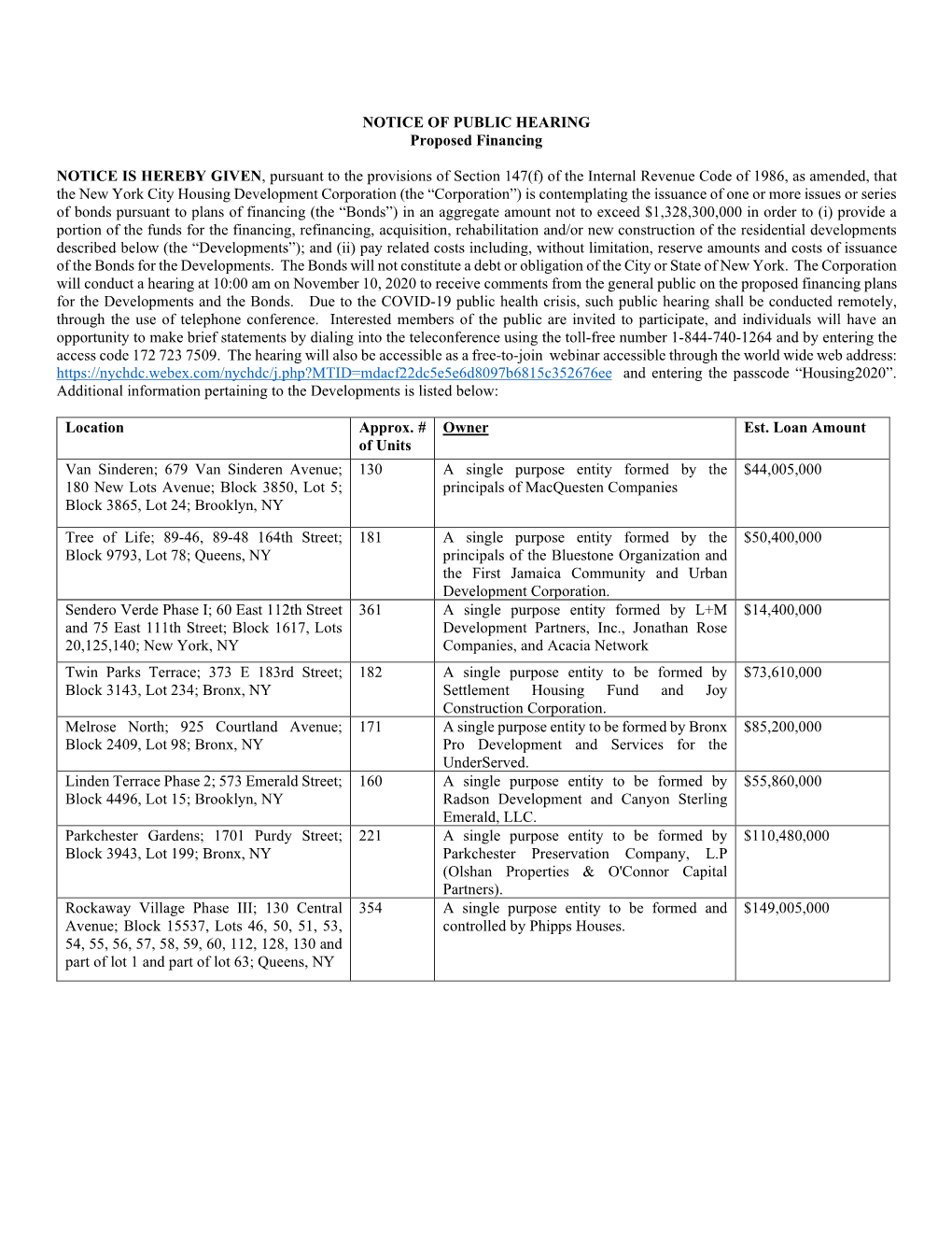 NOTICE of PUBLIC HEARING Proposed Financing