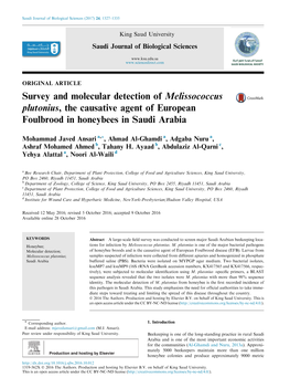 Survey and Molecular Detection of Melissococcus Plutonius, the Causative Agent of European Foulbrood in Honeybees in Saudi Arabia