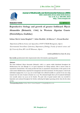 Reproductive Biology and Growth of Greater Forkbeard Phycis Blennoides (Brünnich, 1768) in Western Algerian Coasts (Osteichthyes, Gadidae)