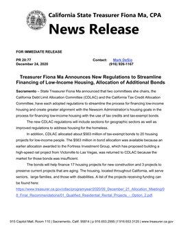 Treasurer Fiona Ma Announces New Regulations to Streamline Financing of Low-Income Housing, Allocation of Additional Bonds