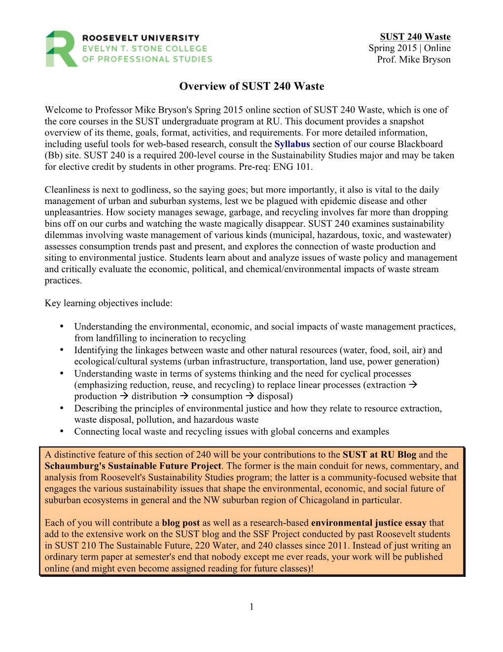 Overview of SUST 240 Waste