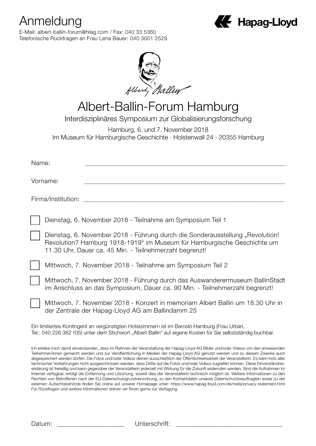 Anmeldung Albert-Ballin-Forum Hamburg