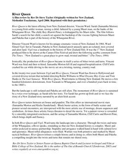 River Queen a Film Review by Rev Dr Steve Taylor (Originally Written for New Zealand, Methodist Touchstone, April 2006