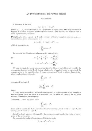 AN INTRODUCTION to POWER SERIES a Finite Sum of the Form A0