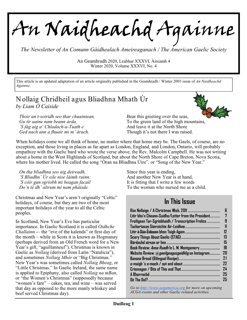 An Naidheachd Againne the Newsletter of an Comunn Gàidhealach Ameireaganach / the American Gaelic Society