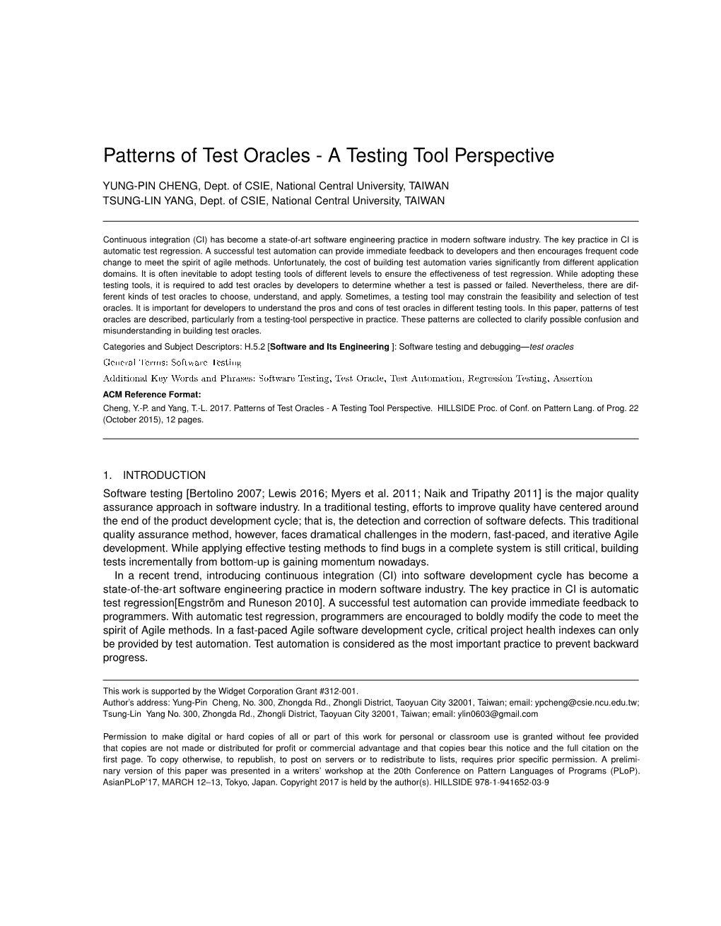 Patterns of Test Oracles - a Testing Tool Perspective
