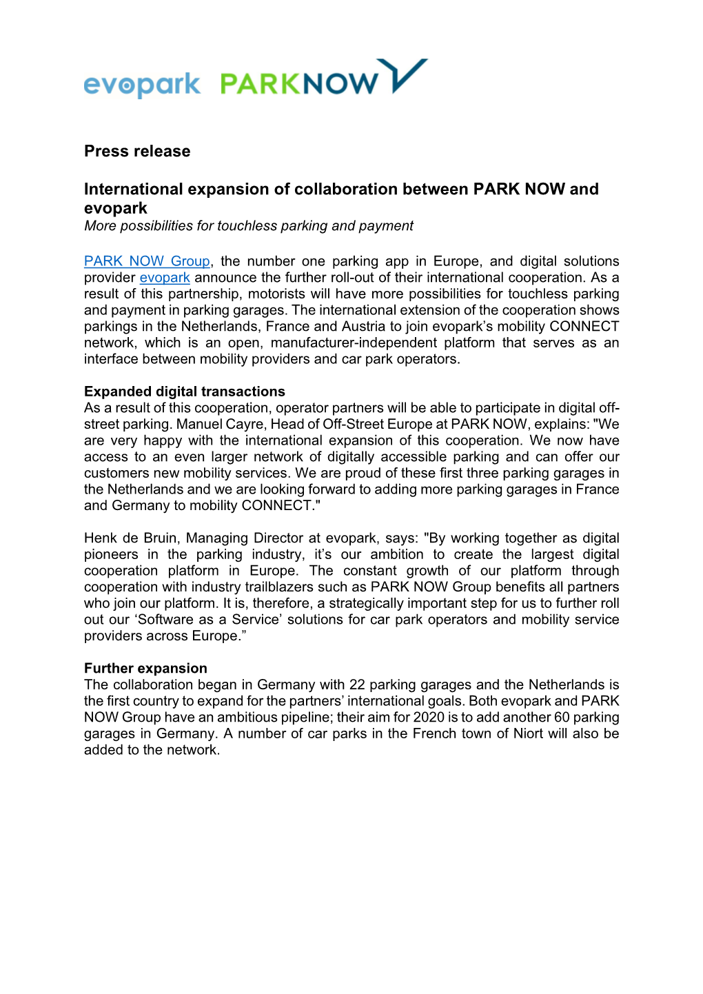 Press Release International Expansion of Collaboration Between PARK