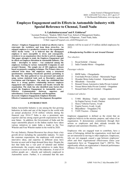 Employee Engagement and Its Effects in Automobile Industry with Special Reference to Chennai, Tamil Nadu