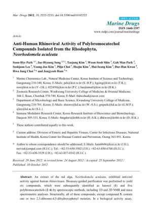 Anti-Human Rhinoviral Activity of Polybromocatechol Compounds Isolated from the Rhodophyta, Neorhodomela Aculeata