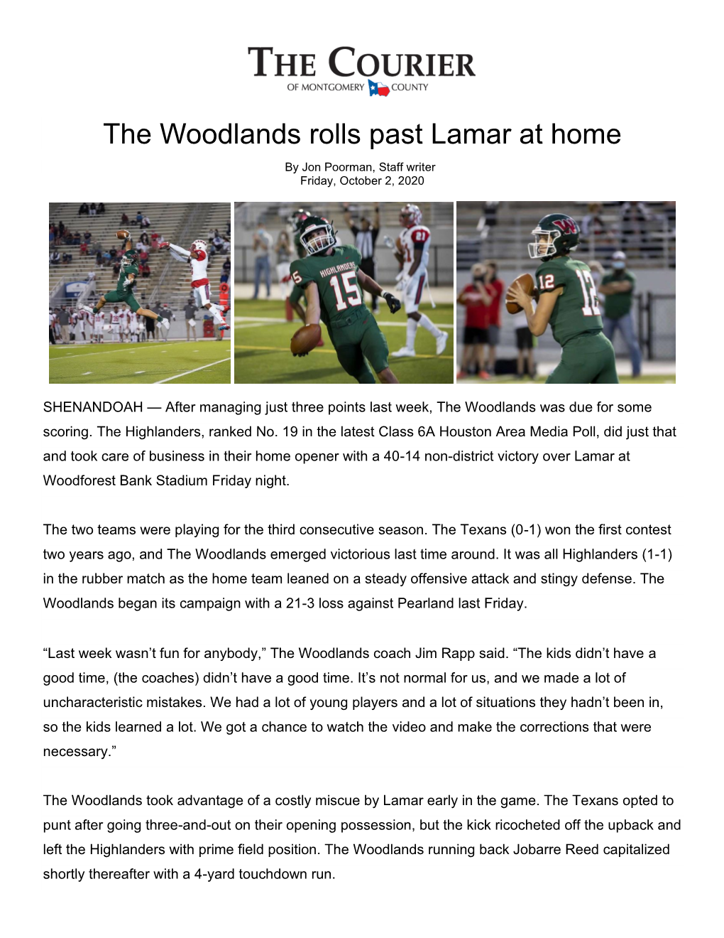 The Woodlands Rolls Past Lamar at Home