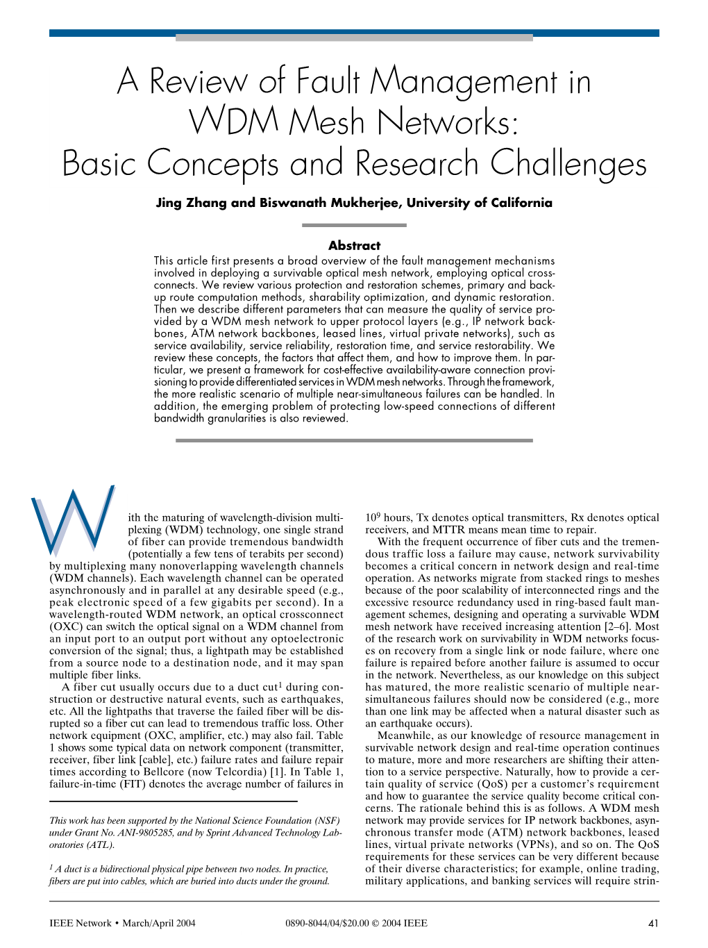 A Review of Fault Management in WDM Mesh Networks: Basic Concepts and Research Challenges