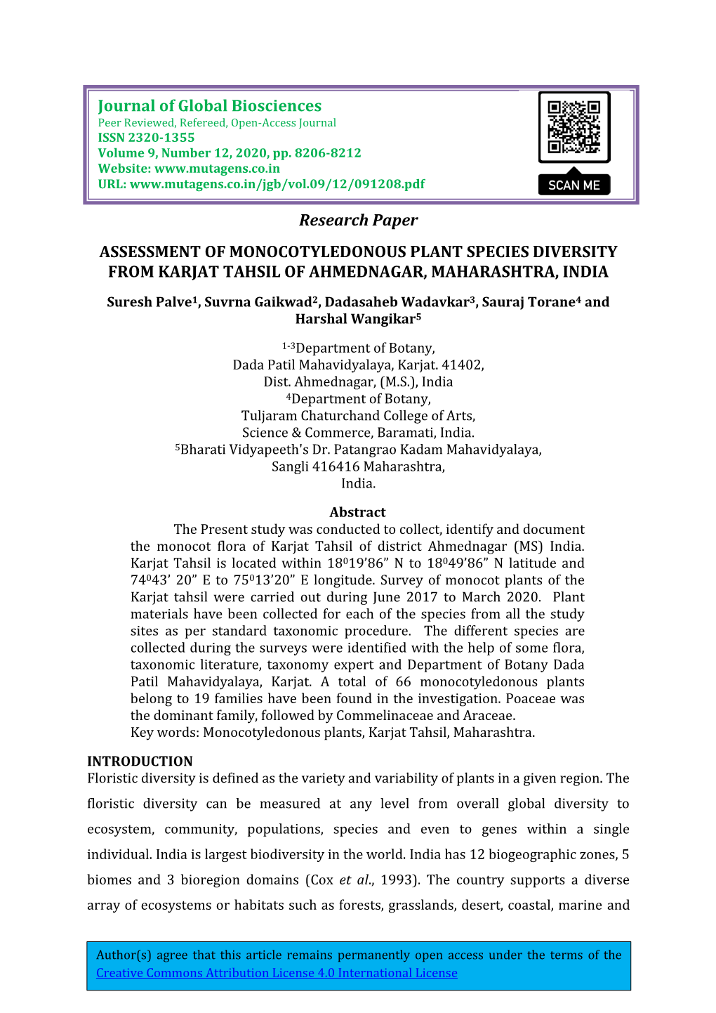 Research Paper ASSESSMENT of MONOCOTYLEDONOUS PLANT SPECIES DIVERSITY from KARJAT TAHSIL of AHMEDNAGAR, MAHARASHTRA, INDIA Jour