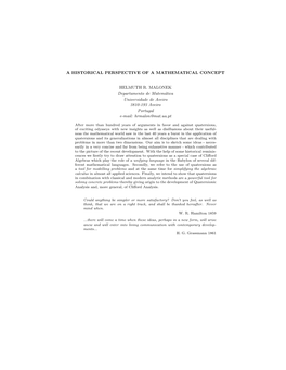 Quaternions in Applied Sciences a Historical Perspective of a Mathematical Concept