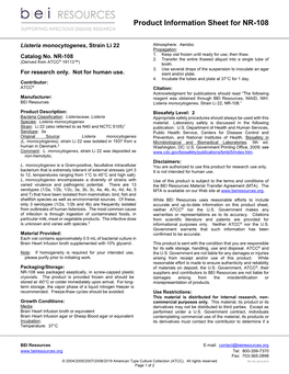 BEI Resources Product Information Sheet Catalog No. NR-108 Listeria