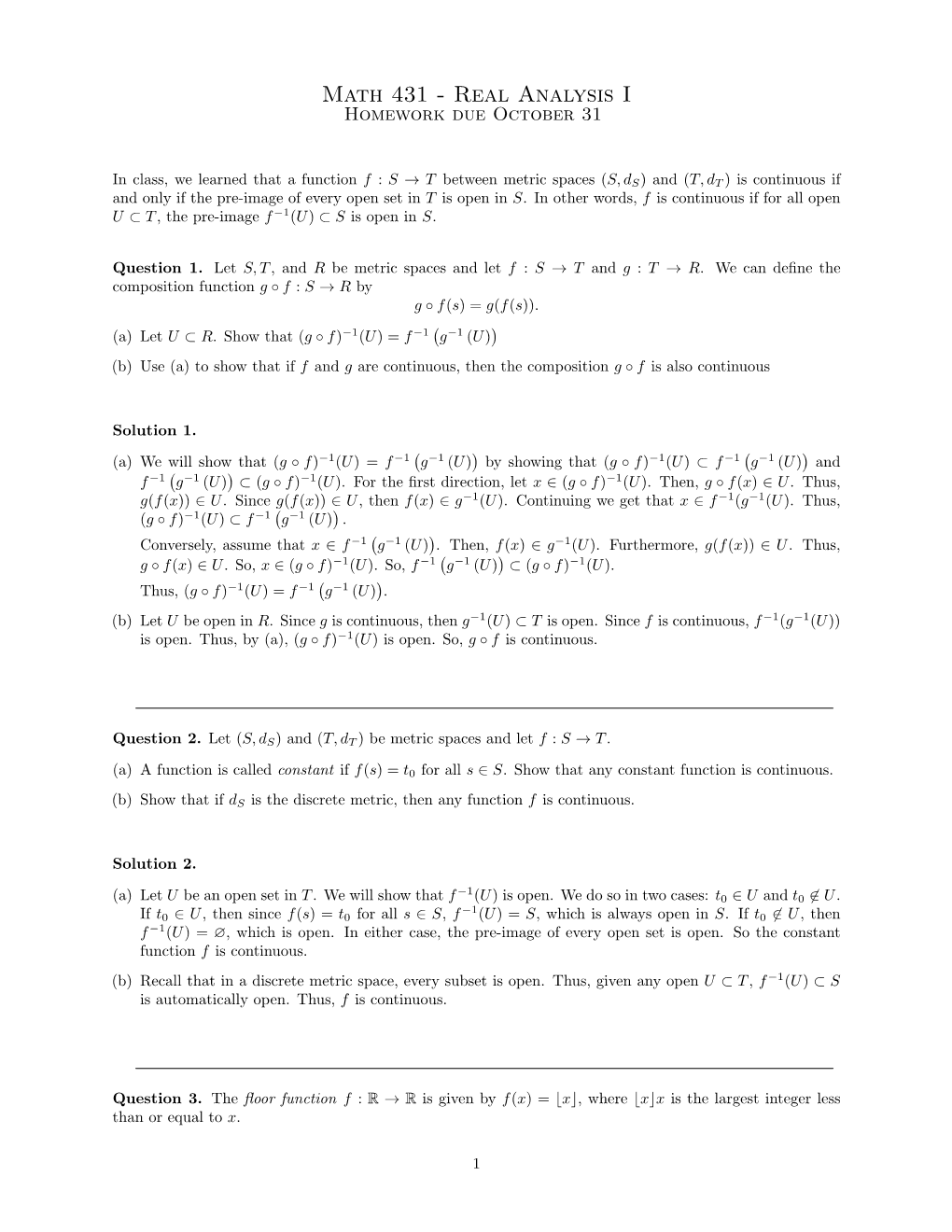 Math 431 - Real Analysis I Homework Due October 31