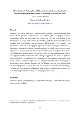 How Effective Is Philosophy for Children in Contributing to the Affective Engagement of Pupils in the Context of Secondary Religious Education?