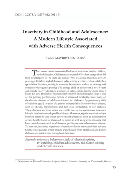 Inactivity in Childhood and Adolescence: a Modern Lifestyle Associated with Adverse Health Consequences