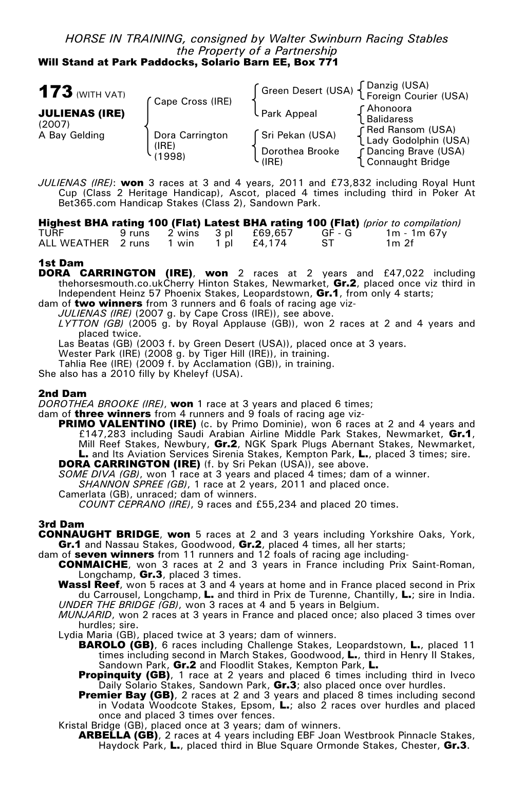 HORSE in TRAINING, Consigned by Walter Swinburn Racing Stables the Property of a Partnership Will Stand at Park Paddocks, Solario Barn EE, Box 771