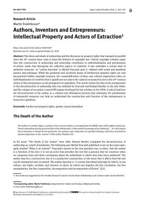 Authors, Inventors and Entrepreneurs: Intellectual Property and Actors of Extraction1