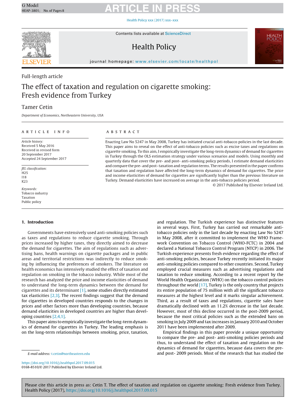 The Effect of Taxation and Regulation on Cigarette Smoking: Fresh Evidence from Turkey