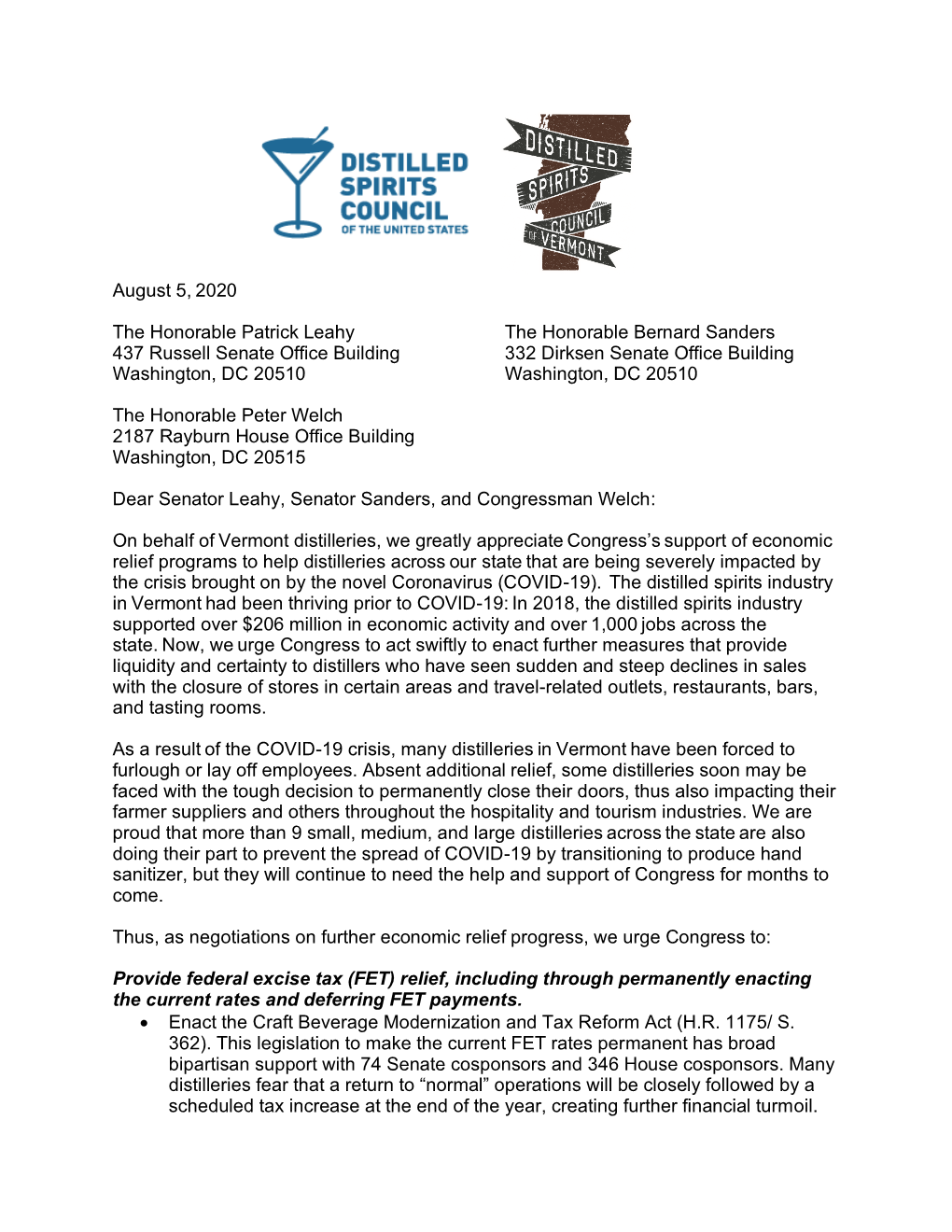 Joint Letter with Distilled Spirits Council of Vermont (August 2020)