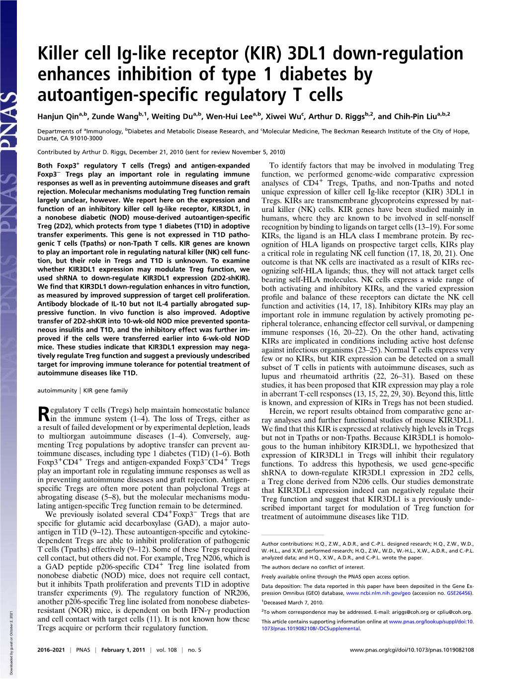 KIR) 3DL1 Down-Regulation Enhances Inhibition of Type 1 Diabetes by Autoantigen-Speciﬁc Regulatory T Cells