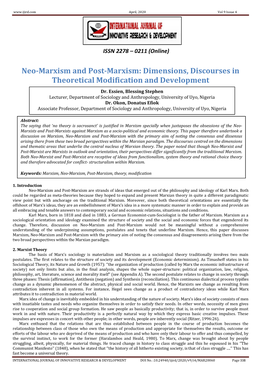 Neo-Marxism and Post-Marxism: Dimensions, Discourses in Theoretical Modification and Development