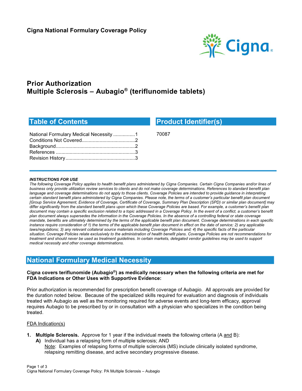 Prior Authorization Multiple Sclerosis – Aubagio® (Teriflunomide Tablets)