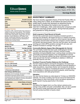 HORMEL FOODS Consumer Staples (NYSE: HRL) Earnings Results