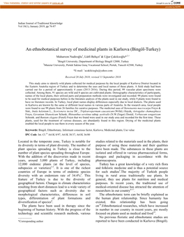 An Ethnobotanical Survey of Medicinal Plants in Karlıova (Bingöl-Turkey)