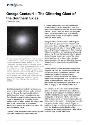 Omega Centauri -- the Glittering Giant of the Southern Skies 2 December 2008