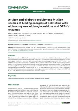 In-Vitro Anti-Diabetic Activity and In-Silico Studies of Binding Energies