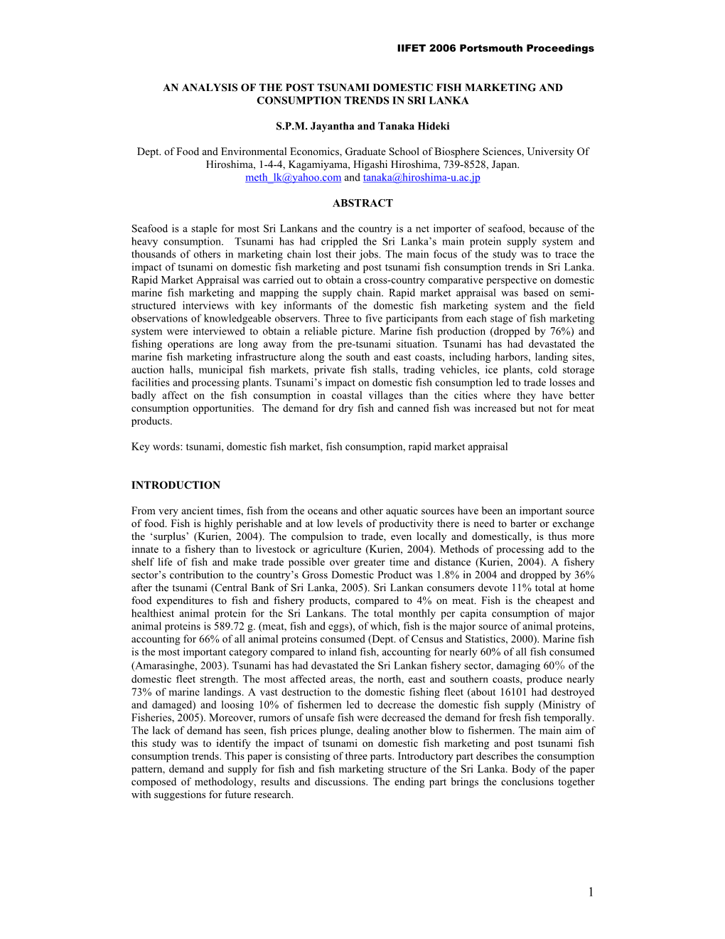 An Analysis of the Post Tsunami Domestic Fish Marketing and Consumption Trends in Sri Lanka