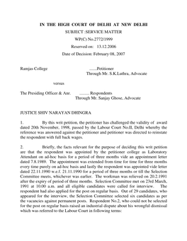 IN the HIGH COURT of DELHI at NEW DELHI SUBJECT :SERVICE MATTER WP(C) No.2772/1999 Reserved On: 13.12.2006 Date of Decision: February 08, 2007