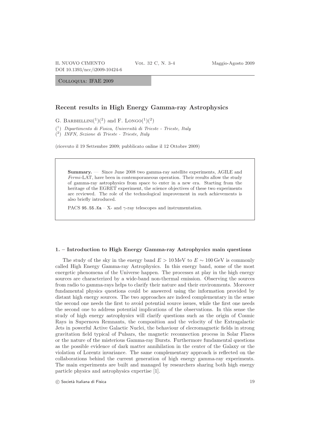 Recent Results in High Energy Gamma-Ray Astrophysics