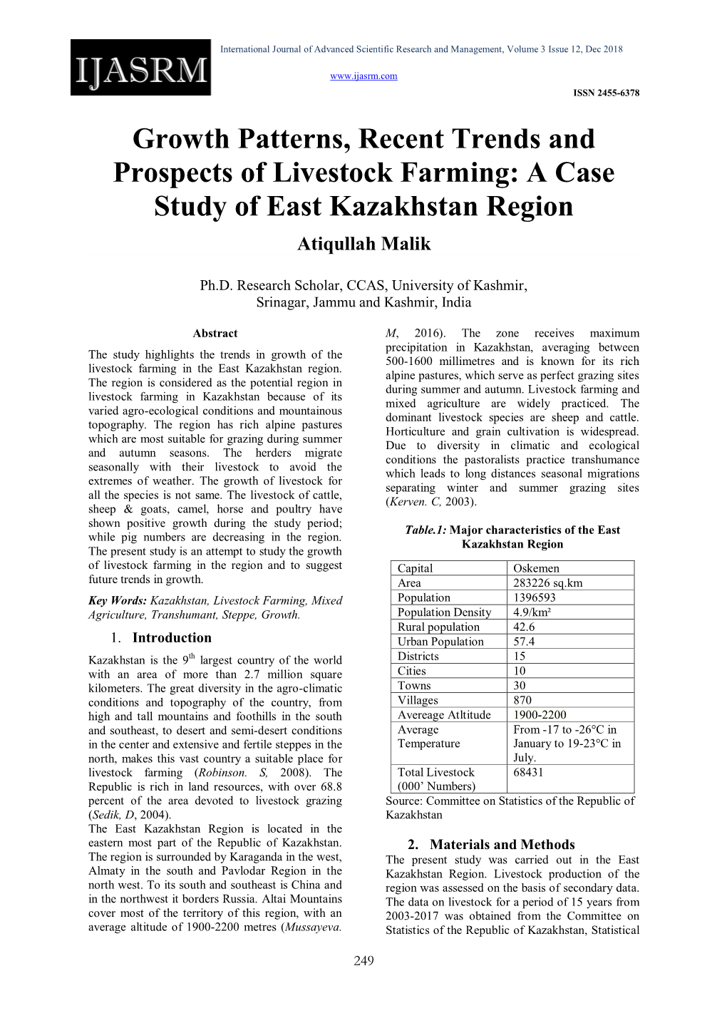 Growth Patterns, Recent Trends and Prospects of Livestock Farming: a Case Study of East Kazakhstan Region Atiqullah Malik