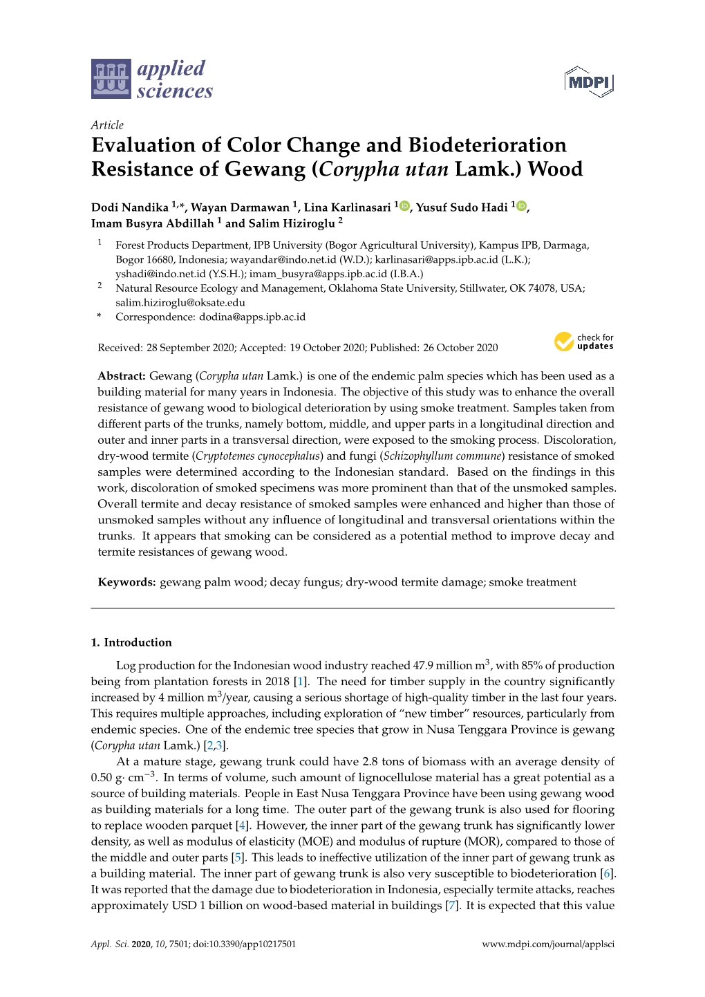 Evaluation of Color Change and Biodeterioration Resistance of Gewang (Corypha Utan Lamk.) Wood