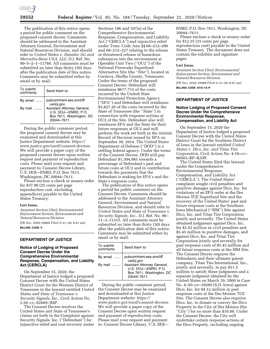 Federal Register/Vol. 85, No. 184/Tuesday, September 22, 2020