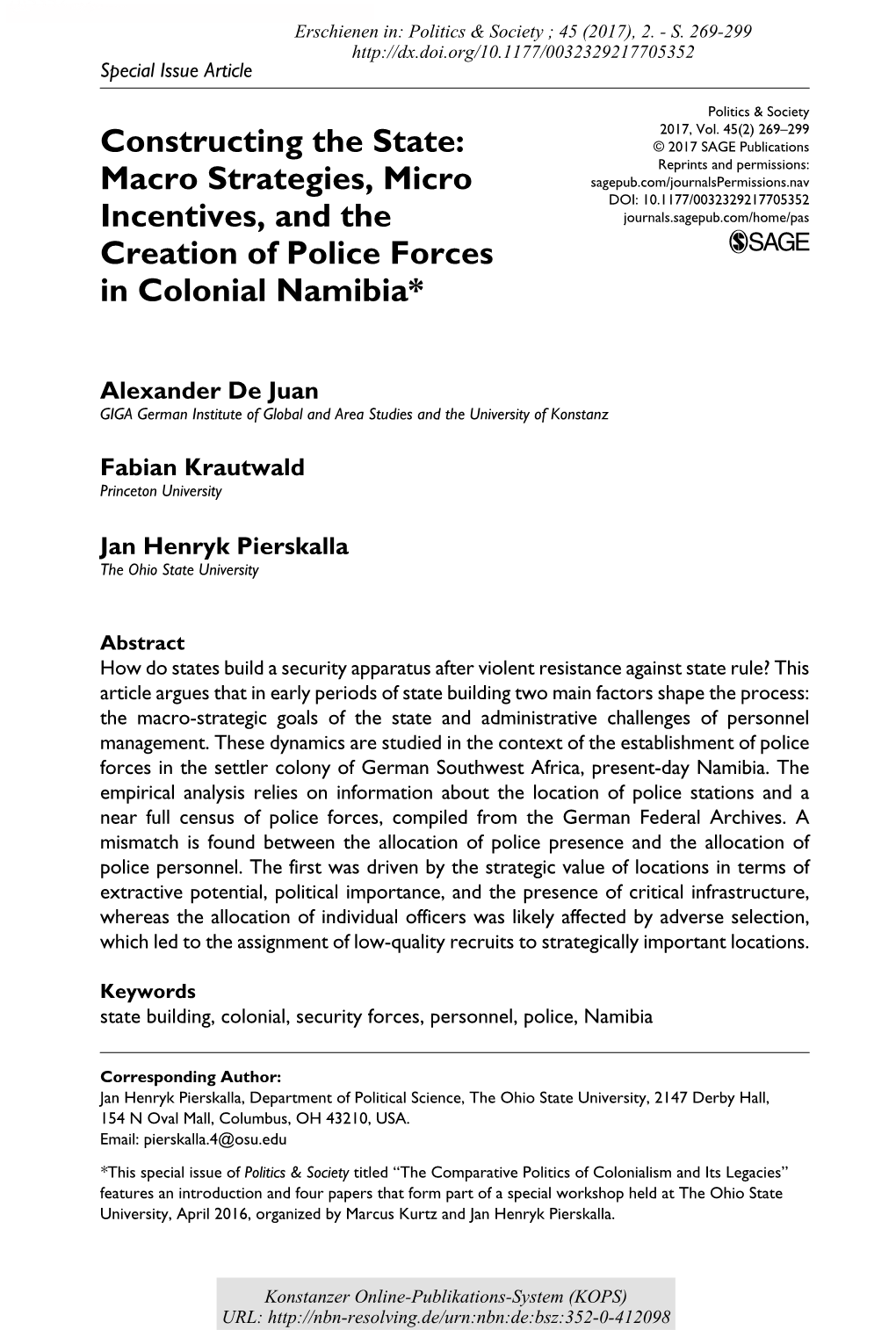 Macro Strategies, Micro Incentives, and the Creation of Police Forces in Colonial Namibia