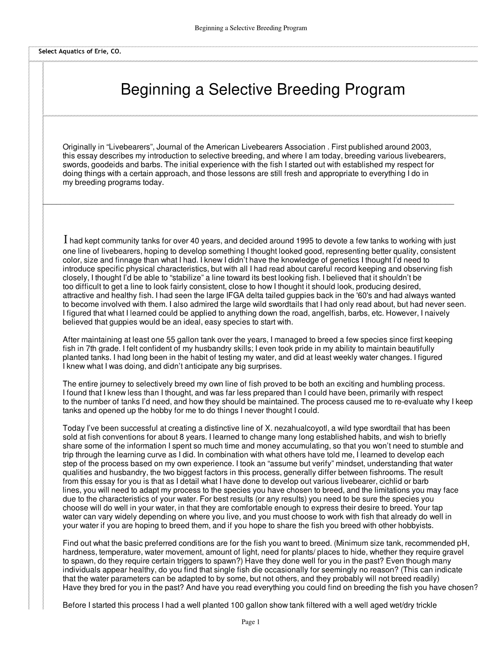 Beginning a Selective Breeding Program