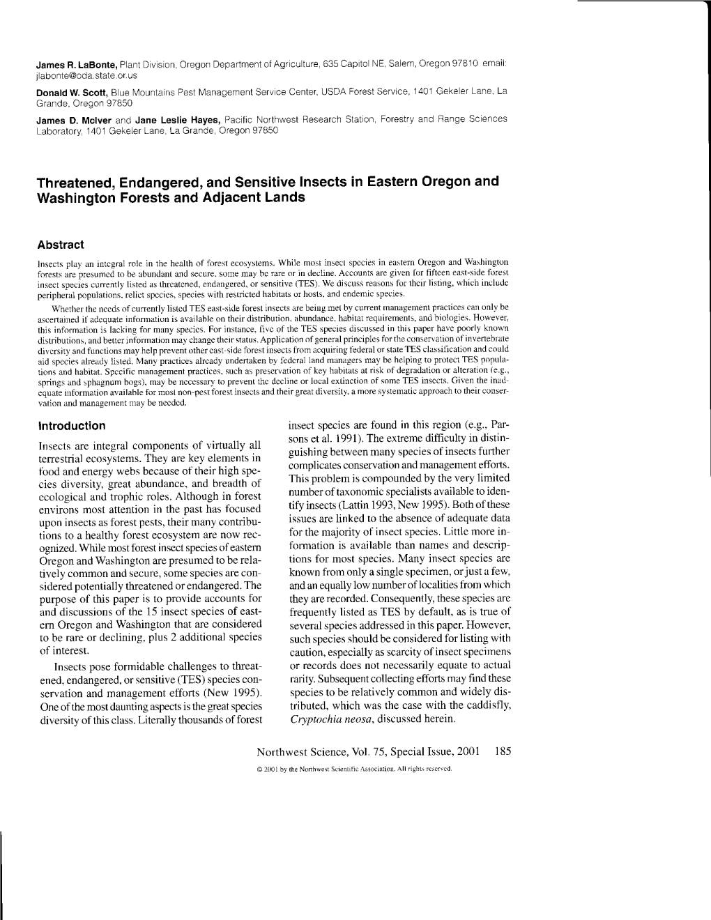 Threatened, Endangered, and Sensitive Insects in Eastern Oregon and Washington Forests and Adiacent Lands