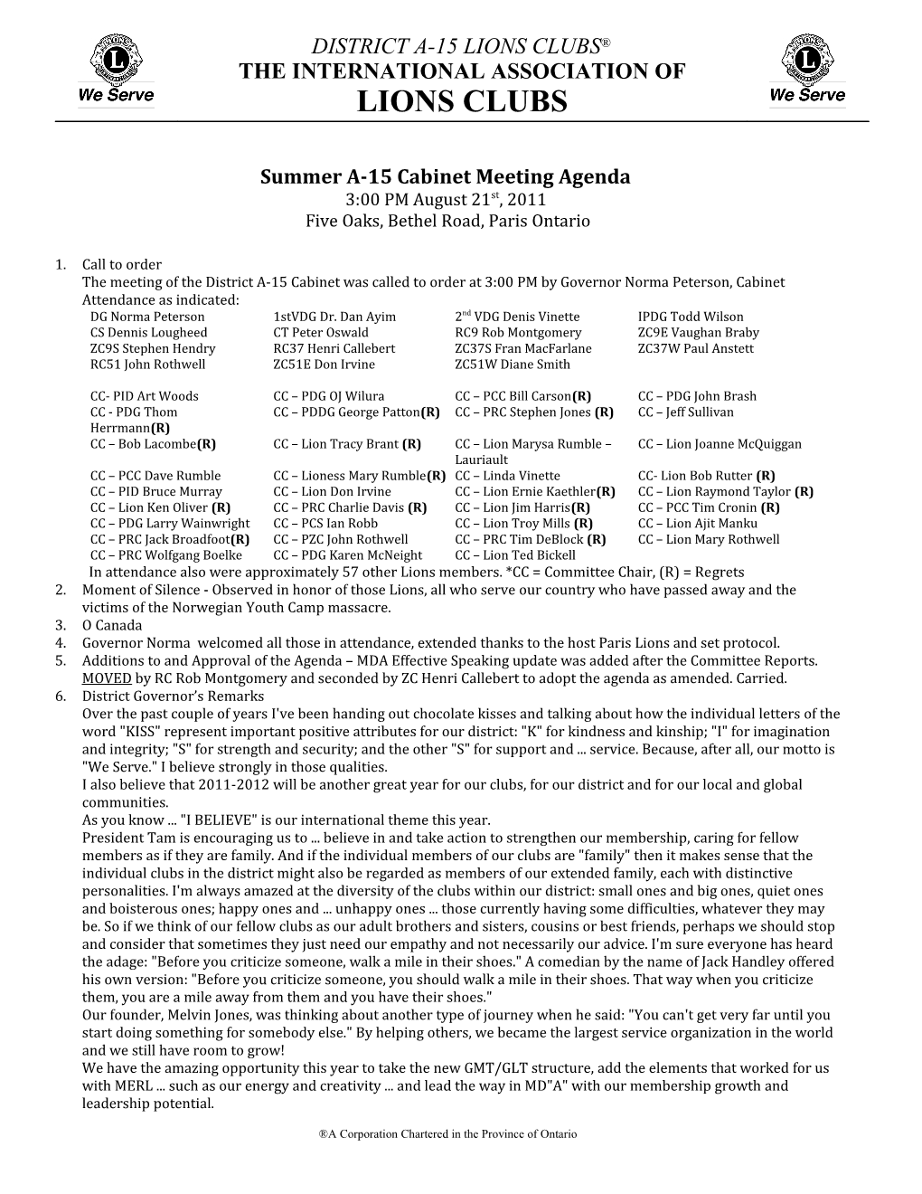 Summer A-15 Cabinet Meeting Agenda