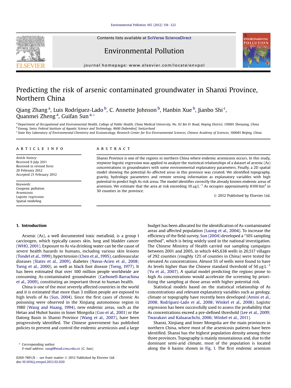 Predicting the Risk of Arsenic Contaminated Groundwater in Shanxi Province, Northern China