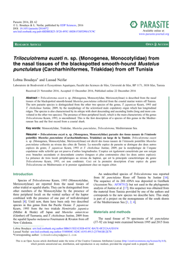 Monogenea, Monocotylidae) from the Nasal Tissues of the Blackspotted Smooth-Hound Mustelus Punctulatus (Carcharhiniformes, Triakidae) from Off Tunisia