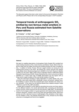 Temporal Trends of Anthropogenic SO Emitted by Non-Ferrous Metal Smelters in Peru and Russia Estimated from Satellite Observatio