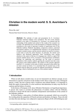 Christian in the Modern World: S. S. Averintsev\'S Mission