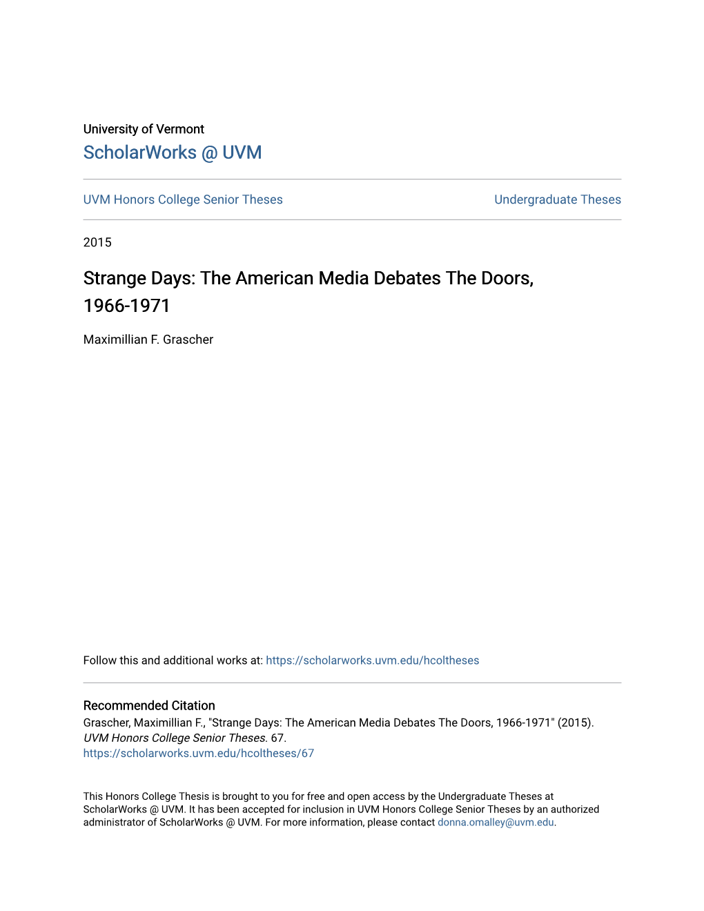 Strange Days: the American Media Debates the Doors, 1966-1971