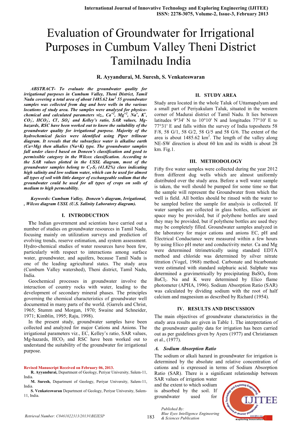 Evaluation of Groundwater for Irrigational Purposes in Cumbum Valley Theni District Tamilnadu India