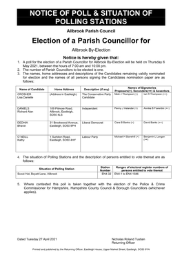 NOTICE of POLL & SITUATION of POLLING STATIONS Election of a Parish Councillor