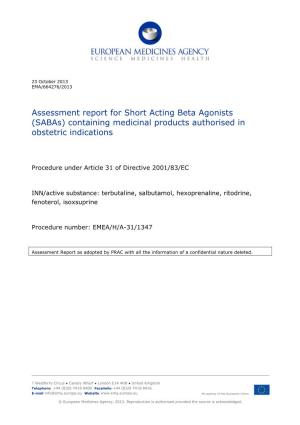 Assessment Report for Short Acting Beta Agonists (Sabas) Containing Medicinal Products Authorised in Obstetric Indications